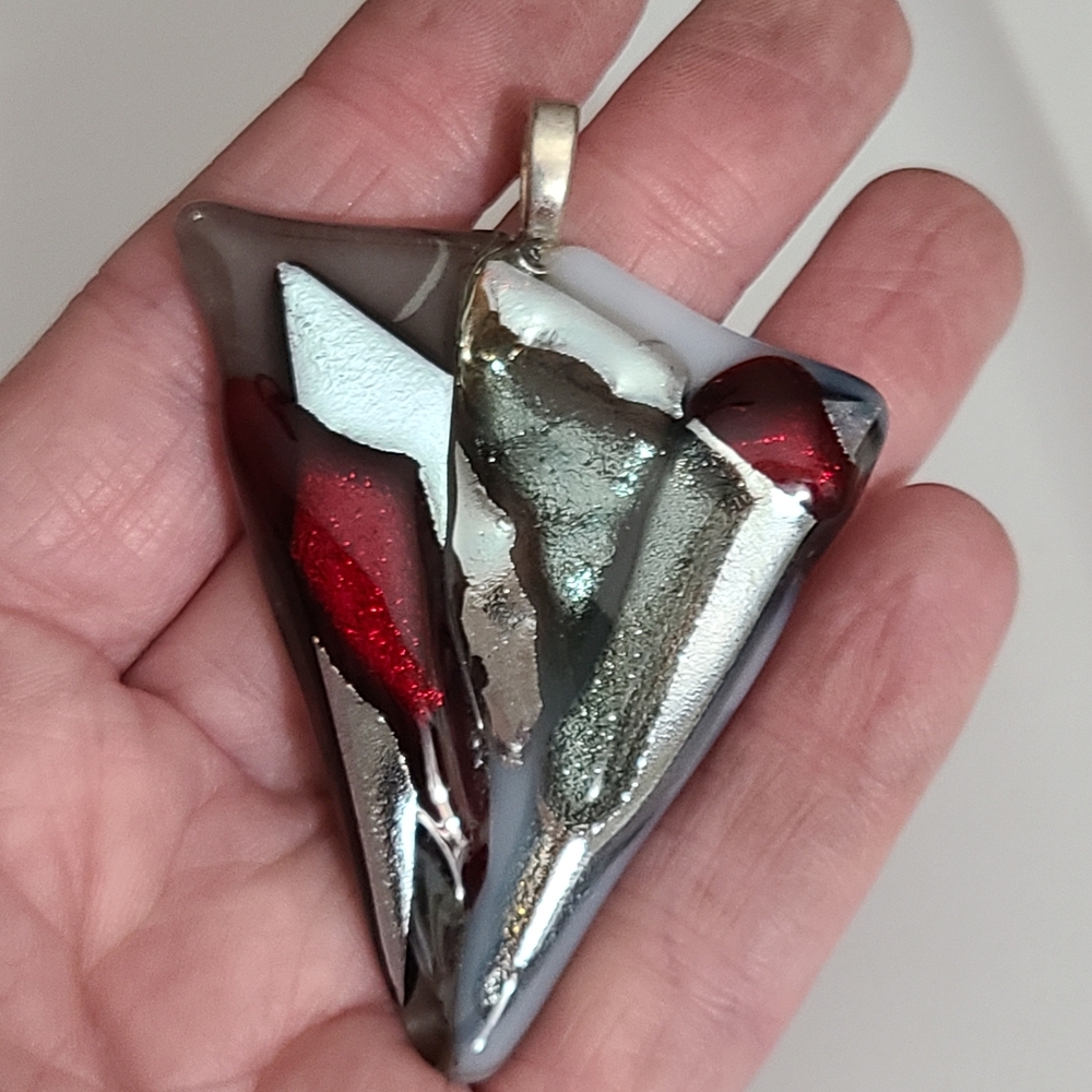 Dichroic Art Glass Necklace Pendant Triangle Red Silver Glitter Big Fused Murano